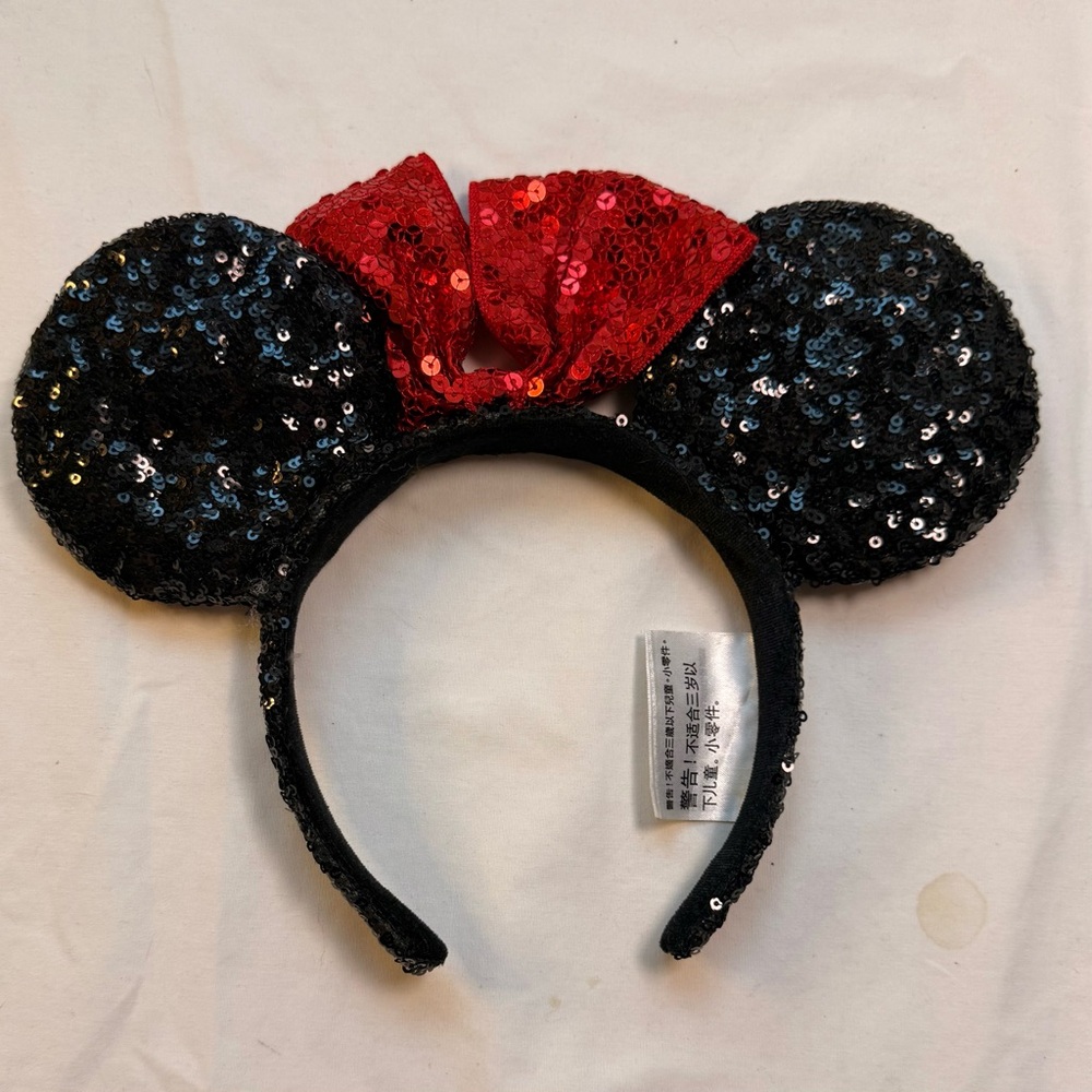 Disney Black Sequin Ears with Sparkling Red Bow